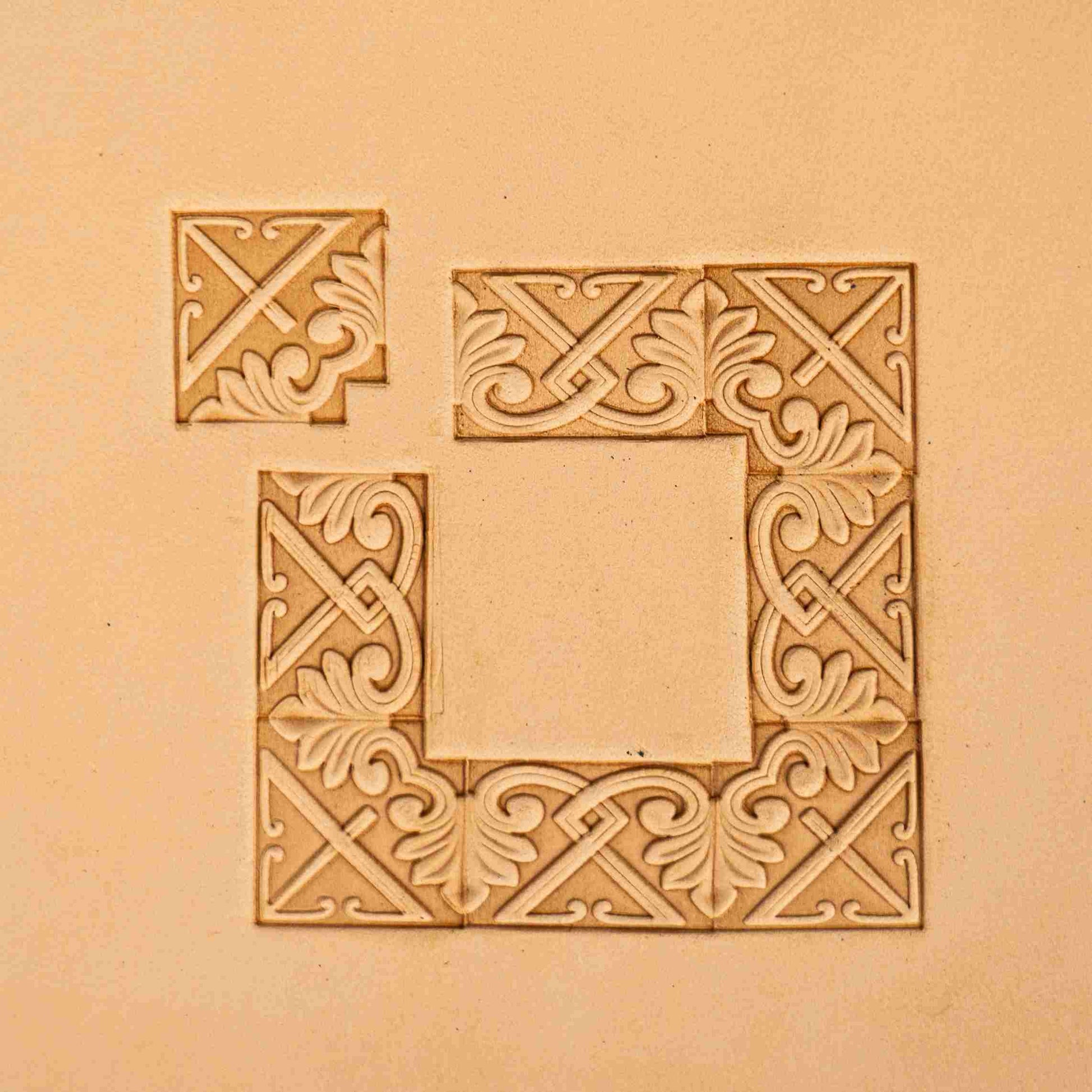 Ornate Shape leather stamp LT117 — corner stamp impression on veg-tan leather