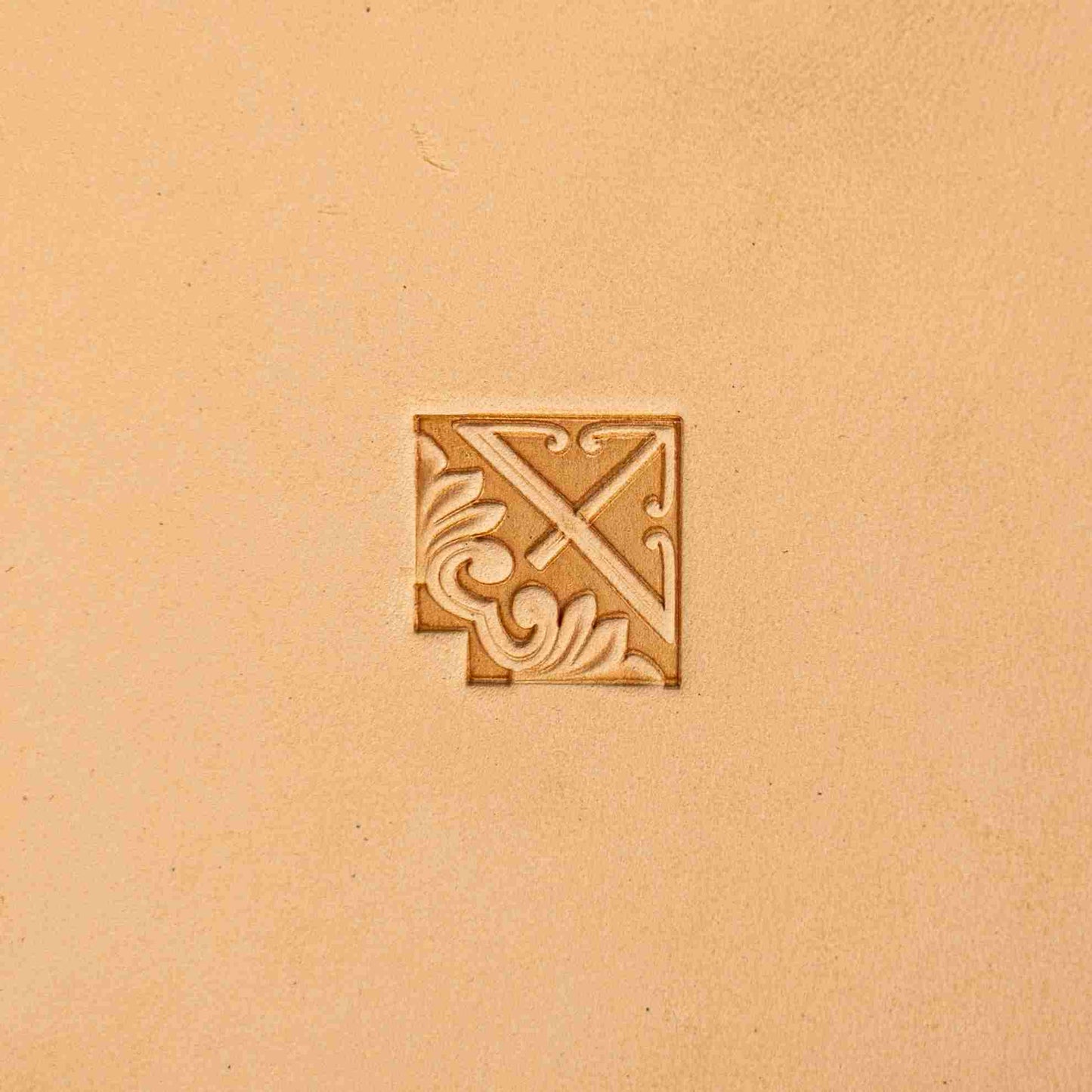 Ornate Shape leather stamp LT117 — corner stamp impression on veg-tan leather
